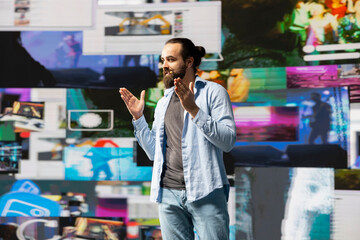 Relaxed speaker connects with a virtual audience during a live social media event, showcasing innovation and real time interaction to ensure engagement and reach, brand voice.