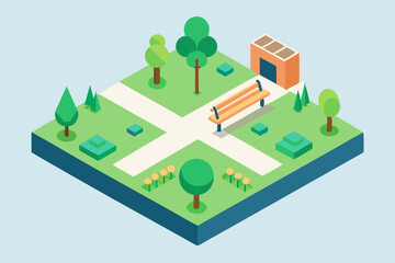Isometric Park Illustration  Peaceful Green Space with Bench and Trees
