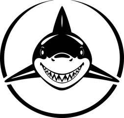 Great White Shark Portrait Vector. Black and White Monochrome Silhouette. Ocean Wildlife Apex Predator Marine Life