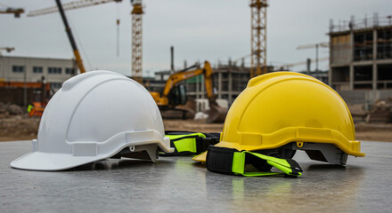 Hard hats on site safety first White and yellow helmets construction project builder gear worker