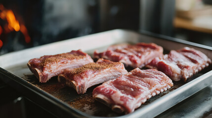 Raw pork ribs coated lightly in a dry rub, ready to be smoked, placed on a metal tray beside a wood-fired grill 