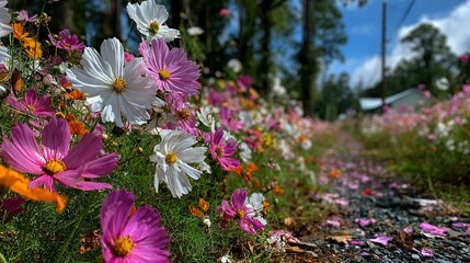   Field of purple and white flowers atop a grassy expanse adjacent to a forest