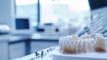 A dentist taking a digital impression of a patient's teeth in a high-tech dental office, with 3D scanning equipment and dental tools in the background, macro shot