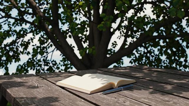 Notebook and pen resting on wooden table under tree