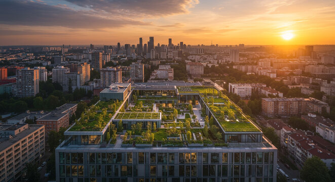 Modern Cityscape at Sunset Green Roof Building Urban Life Sustainable Design Warsaw Poland aerial