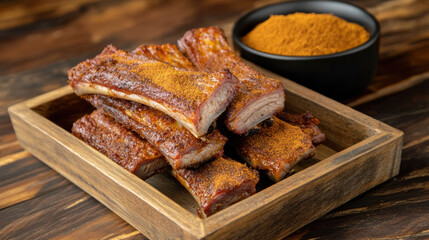 Raw pork ribs stacked on a wooden tray, glistening with natural fat and ready for seasoning beside a bowl of dry rub spices 