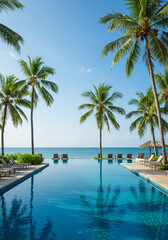 Fototapeta premium Relaxing at a tropical resort pool with swaying palm trees and ocean views during a serene sunset