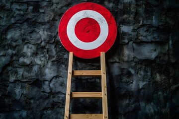 3D Bullseye Target with Wooden Ladder on Blue Wall. Business Goal, Achievement Concept And Success Strategy