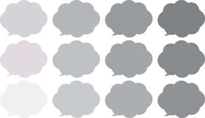 グレーのもこもこした吹き出しセット。１２色のグレー。雲の形のふきだし。