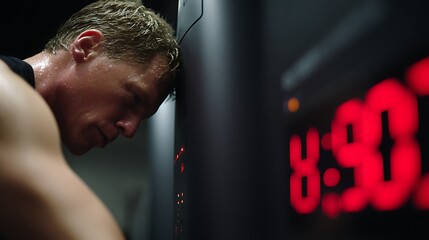 Sweaty Exhaustion: Man Leaning After Intense Workout
