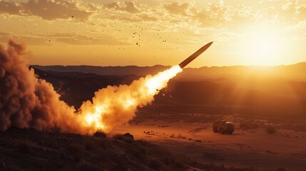 missile explosion mid‑air over desert terrain at sunset, volumetric smoke, warm tone, sensor flare effects