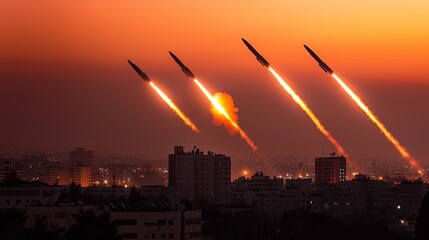 multiple Iron Dome missiles streaking skyward at twilight above coastal city, silhouette buildings, vivid hues, cinematic atmosphere