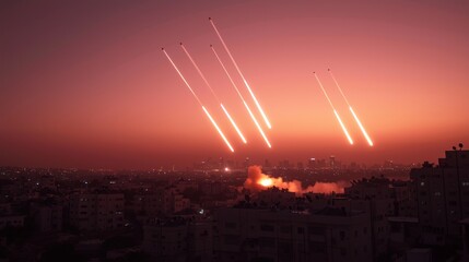 multiple Iron Dome missiles streaking skyward at twilight above coastal city, silhouette buildings, vivid hues, cinematic atmosphere