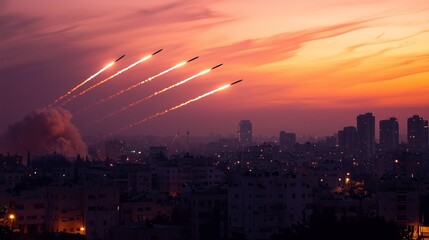 multiple Iron Dome missiles streaking skyward at twilight above coastal city, silhouette buildings, vivid hues, cinematic atmosphere
