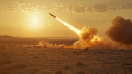 missile explosion mid‑air over desert terrain at sunset, volumetric smoke, warm tone, sensor flare effects