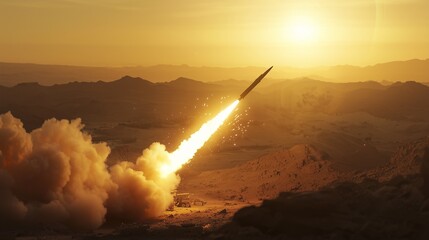 missile explosion mid‑air over desert terrain at sunset, volumetric smoke, warm tone, sensor flare effects