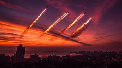 multiple Iron Dome missiles streaking skyward at twilight above coastal city, silhouette buildings, vivid hues, cinematic atmosphere
