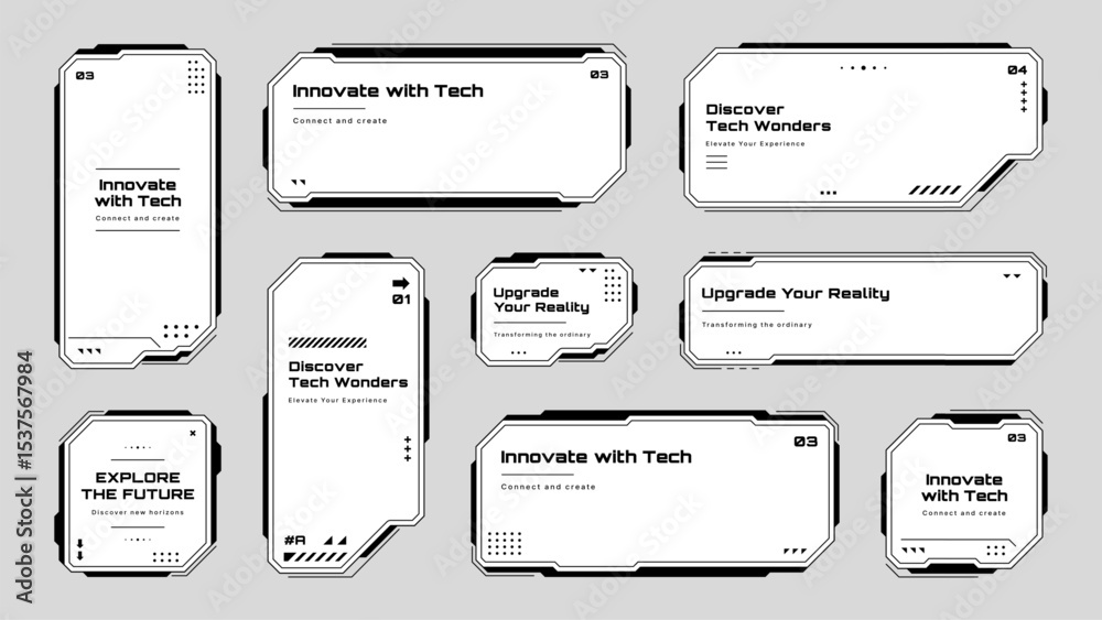 Poster Futuristic hud text box frame with a variety of digital data displays, ideal for gaming and tech interfaces. Vector graphics.