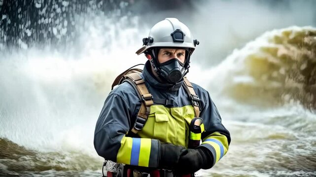 Emergency worker wearing protective gear stands against a dramatic background, portraying readiness and focus during an operation.