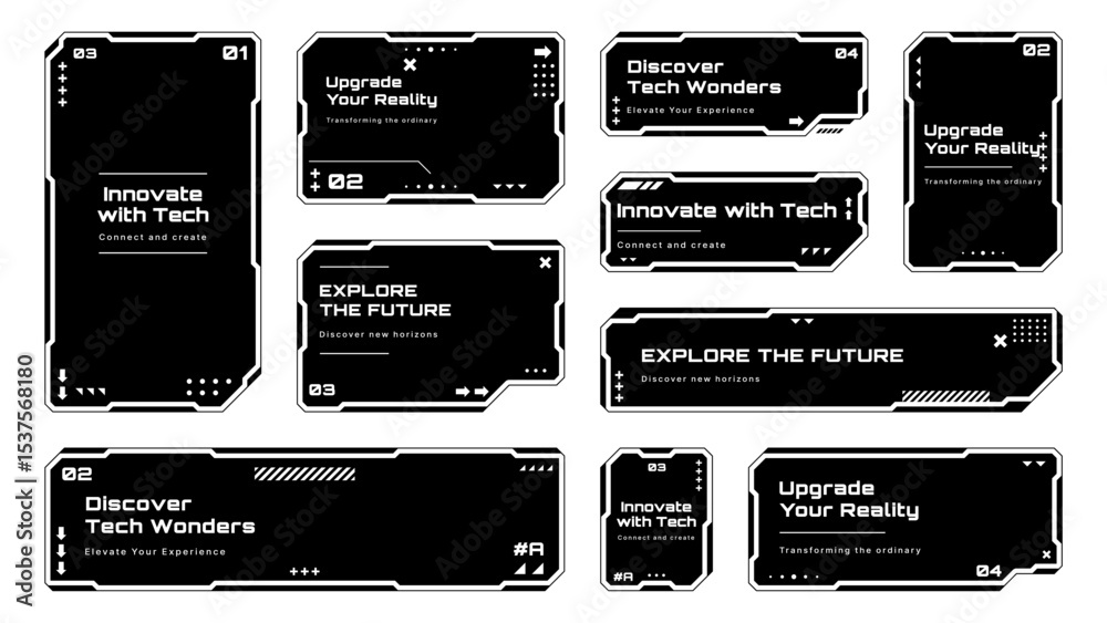 Poster Set of black futuristic HUD text box frames and banners with modern design elements for digital interface. Vector graphics.