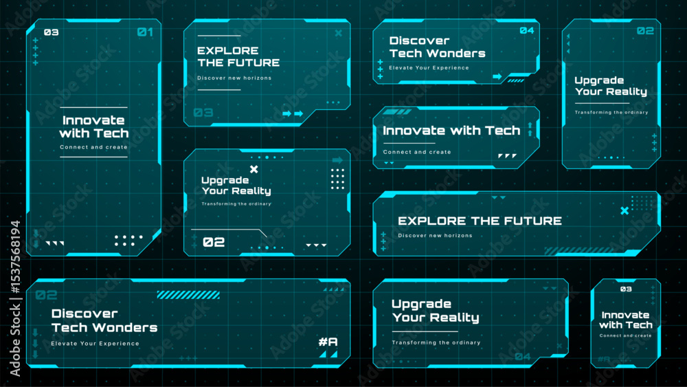 Poster Collection of futuristic HUD text box frames and panels for digital display. Interface layout for data and technology concept. Vector graphics.