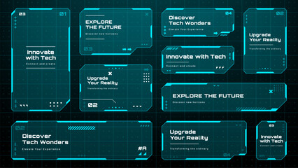 Collection of futuristic HUD text box frames and panels for digital display. Interface layout for data and technology concept. Vector graphics.