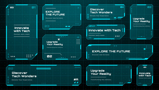 Collection of futuristic HUD text box frames and panels for digital display. Interface layout for data and technology concept. Vector graphics.