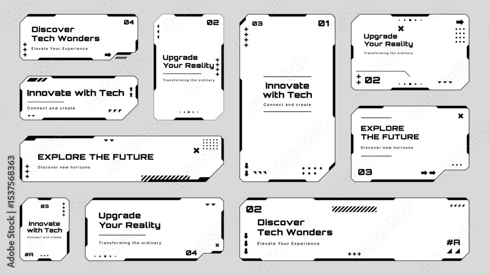 Poster A collection of futuristic hud text box frames and tech elements. Digital user interface design for innovation and data visualization. Vector graphics.