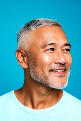 Obraz premium Classy men's buzz cut haircut - midlife southeast asian man with short hair. A glowing man radiating happiness and confidence. Blue solid background. Creative of style for aging men.