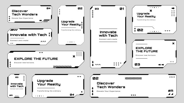 A collection of futuristic hud text box frames and tech elements. Digital user interface design for innovation and data visualization. Vector graphics.