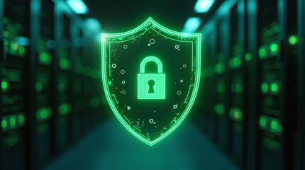 A vibrant glowing chrome  shield symbol with padlock. Illuminated with neon white colors. Digital shield symbolizing security in a green futuristic server room environment