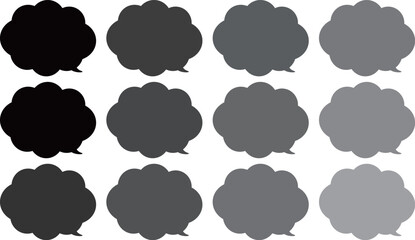 グレーのもこもこした吹き出しセット。１２色のグレー。雲の形のふきだし。