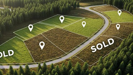 Aerial view of a forested region highlighting sold plots and available land for future development - Powered by Adobe