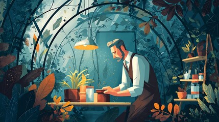 Greenhouse Gardener: A Serene Botanical Moment