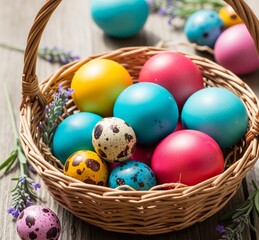 colorful easter eggs in basket