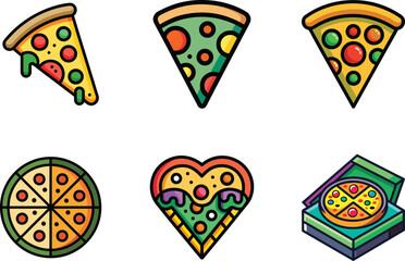 Pizza Icon Set | Colorful Flat Vector Fast Food Icons with Black Outline for Restaurant and Delivery