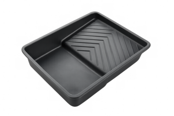 Clean, empty black paint tray with ribbed roll-off area, isolated on transparent background, ready for painting projects