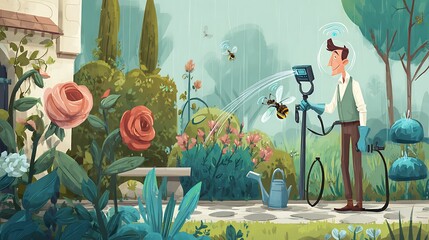 Futuristic Gardener Watering Bees in a Lush Garden