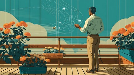 Balcony Vision: Man Contemplating Future Tech