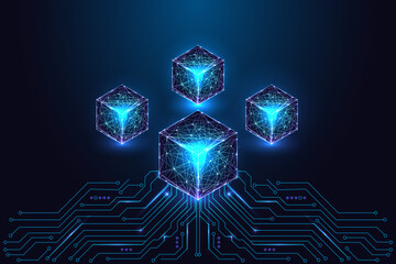 Blockchain cubes on digital circuit board, decentralized AI and web3 technology illustration