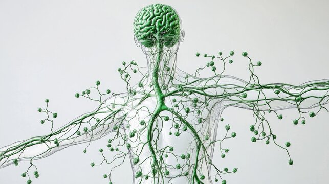 A detailed anatomical diagram of the lymphatic system. Featuring lymphatic vessels and nodes