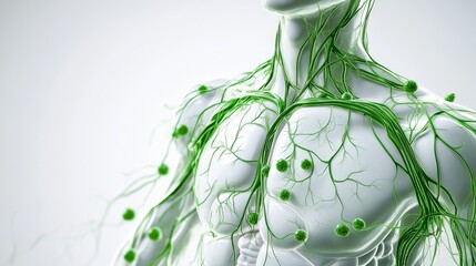A detailed anatomical diagram of the lymphatic system. Featuring lymphatic vessels and nodes
