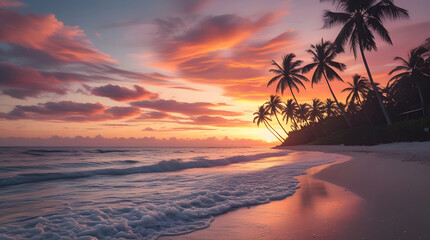 Tropical beach sunset with palm trees over the ocean.