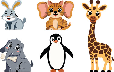Cute cartoon animals rabbit cat giraffe elephant penguin for childrens projects designs