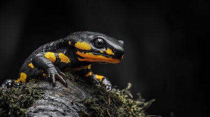Obraz premium Black and yellow salamander perched atop mossy wood against a dark, blurred backdrop