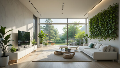 > Modern sustainable home interior with smart devices, vertical gardens, solar-powered furniture, clean minimalist design, bright and airy – perfect for home tech & sustainability themes