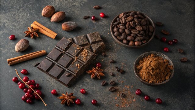 Close-up of delicious dark chocolate, coffee, and nuts with aromatic spices