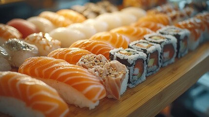 Fresh sushi assortment on a wooden tray