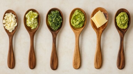 Green pesto and cheese samples served in wooden spoons on neutral background