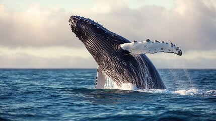 Fototapeta premium A powerful humpback whale breaches the ocean surface against a dramatic cloudy sky. A breathtaking moment in marine wildlife showcasing strength, grace, and freedom. Caption space on the side.